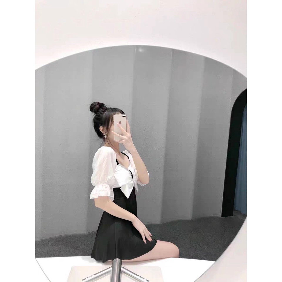 Bộ đồ bơi nữ liền thân dáng váy nơ xinh tay phối voan trắng