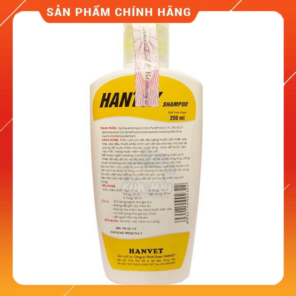 Sữa tắm ve, rận, bọ chét, ký sinh trùng, ghẻ cho chó mèo trưởng thành Hantox vàng 200ml