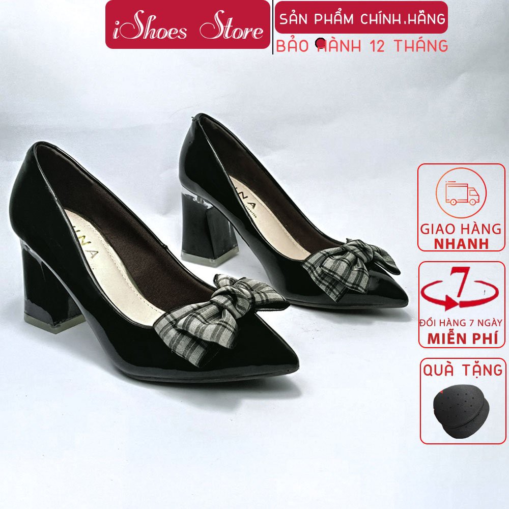 Giày SUNA da bóng đính nơ gót vuông bọc mica cao 7cm - D785