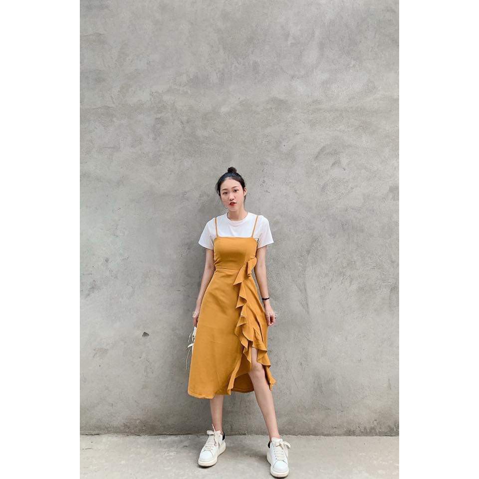 Đầm 2 dây nữ nhún bèo kết hợp kèm áo thun đi chơi, du lịch cực đẹp | BigBuy360 - bigbuy360.vn