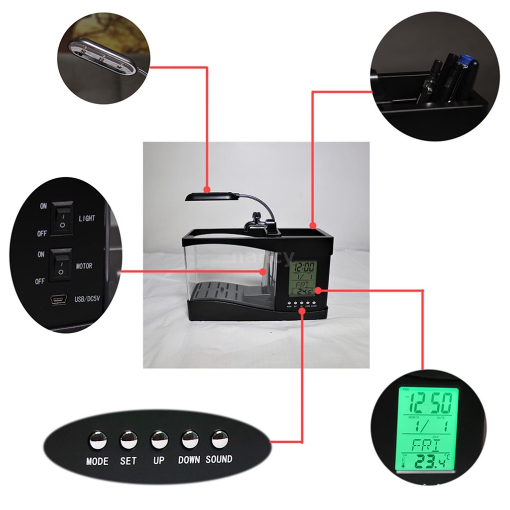 Bể Cá Mini Màu Đen Có Cổng Sạc Usb Tiện Dụng