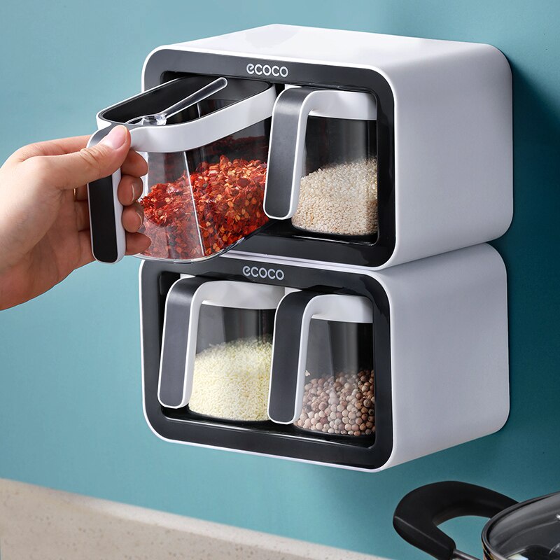 Bộ hộp đựng gia vị gắn tường ECOCO kèm thìa chắc chắn tiện lợi chất liệu nhựa ABS cao cấp