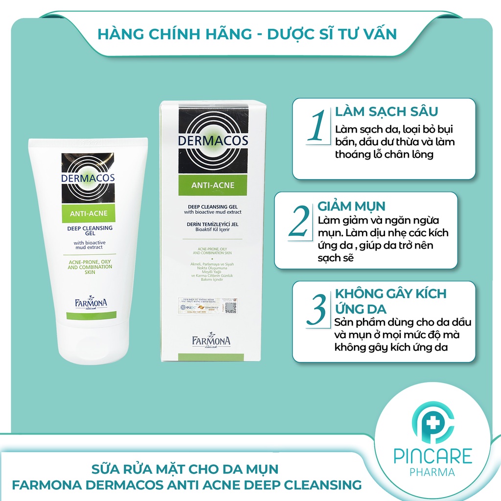 Sữa rửa mặt Dermacos cho da dầu mụn, Dermacos Farmona  Anti Acne Deep Cleansing Gel 150ml - Nhà thuốc PinCare