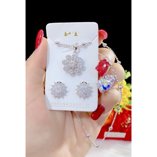 Combo dây chuyền bông tai nữ mạ bạch kim cao cấp P121
