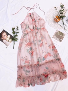 Váy hoa cổ yếm voan tơ MS1492
