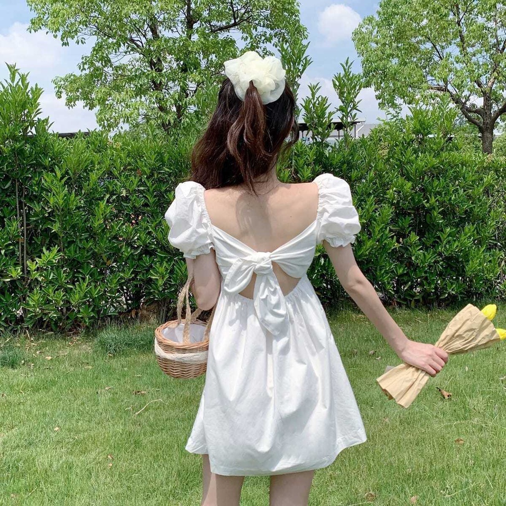 Đầm Nữ Cổ Vuông Tay Phồng Thắt Nơ Eo Thời Trang đầm bầu váy nữ váy bé gái váy dài chân váy dài váy nữ chân váy dài