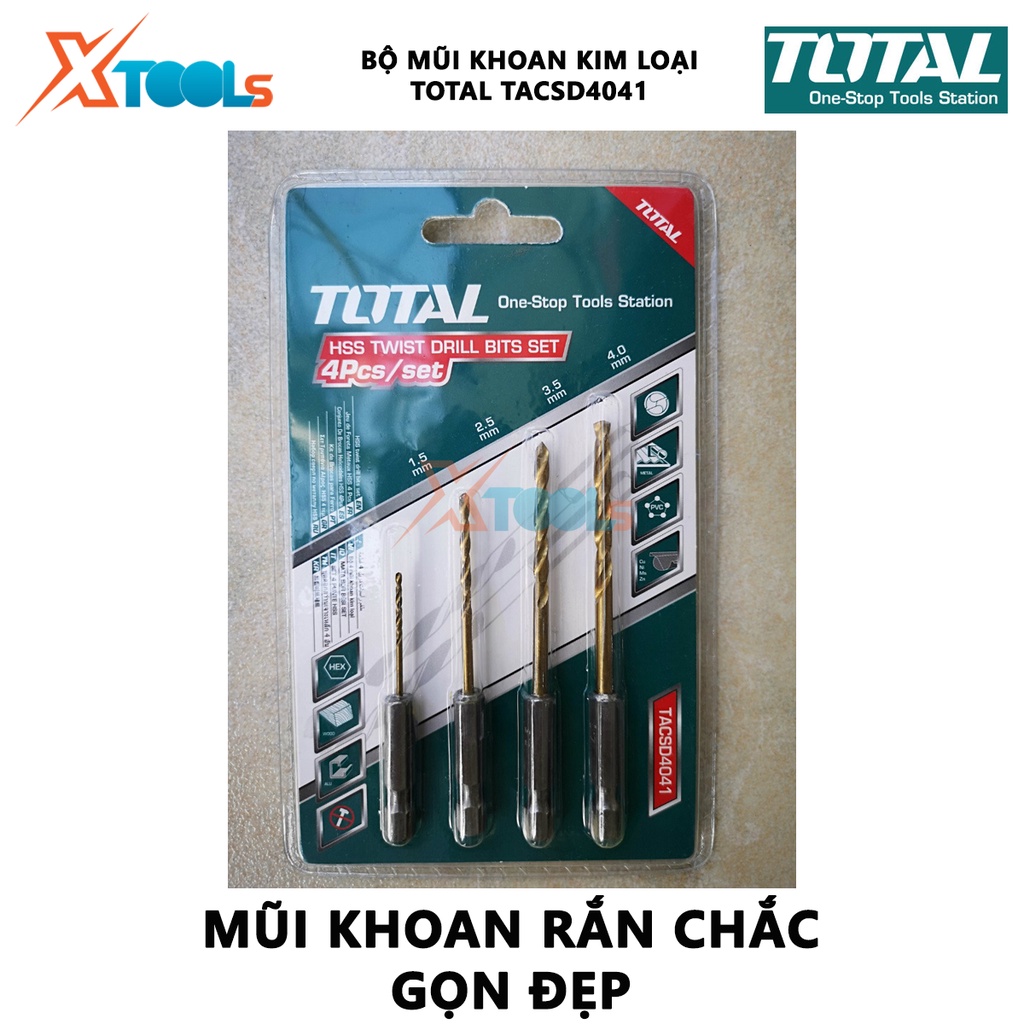 Bộ 4 mũi khoan kim loại kim đuôi lục giác TOTAL TACSD4041 Combo 4 mũi khoan đuôi gài Gồm 4 size, Đuôi lục giác 1/4&quot;, thé