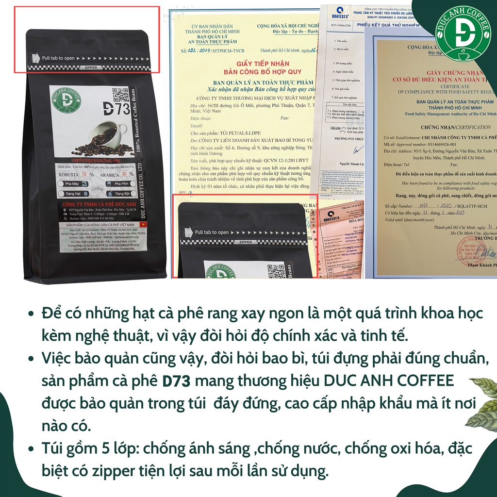 Cà Phê Rang Mộc D73 Thành Phần 70% Robusta + 30% Arabica Nguyên Chất Dùng Pha Máy, Pha Phin