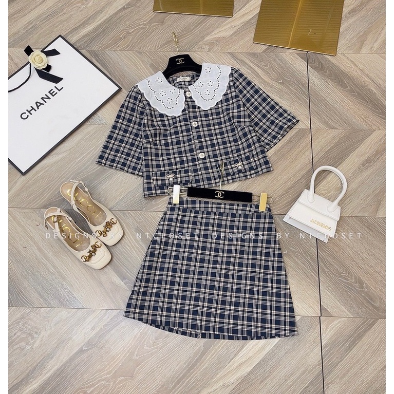 Set áo sơ mi cổ ren mix chân váy kẻ thô nt closet