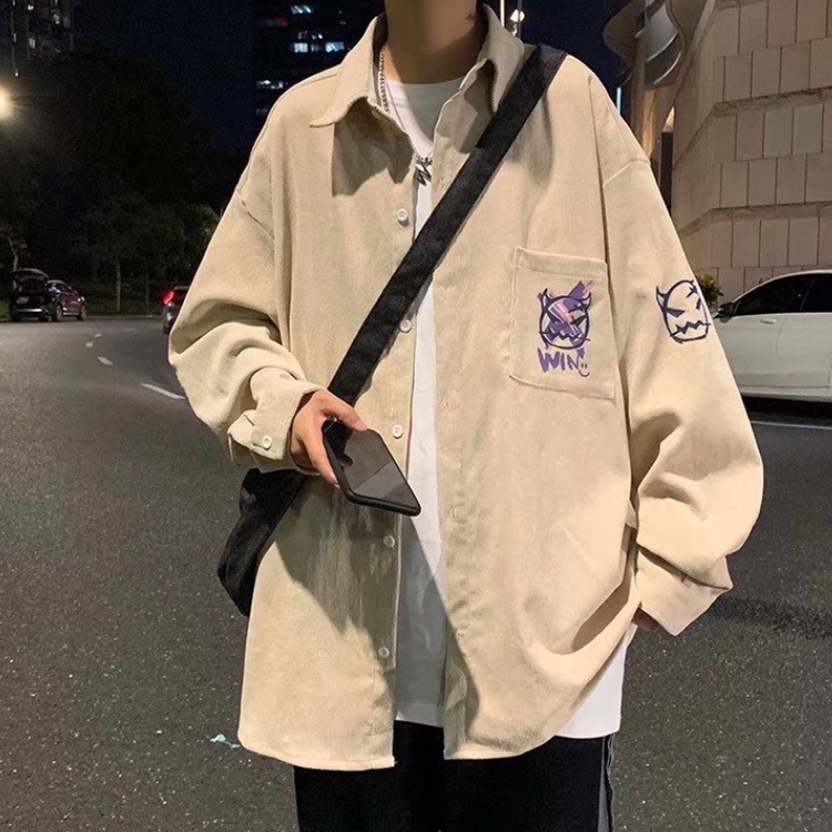 in Bình thường Áo khoác sơ mi Sự đơn giả tạo chiều rộng trong họa tiết cá tính thời trang hàn quốc cho nam cặ đôi áo sơ mi khuôn viên Bình thường áo sơ mi nam nhung tăm fresh from rộng áo sơ mi nam unisex