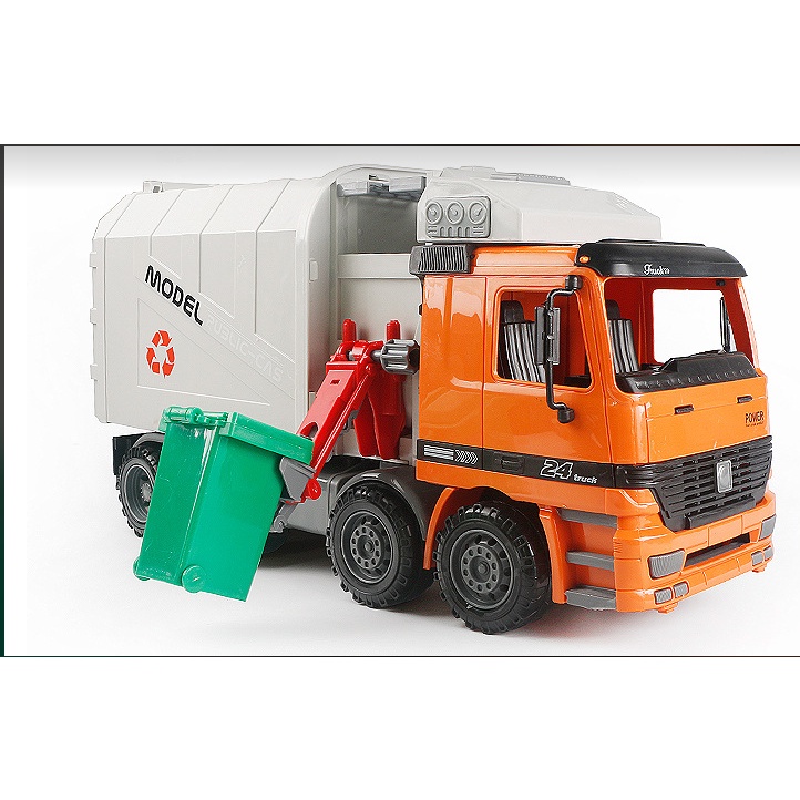 mô hình xe chở rác màu cam không kính tặng kèm 3 thùng rác