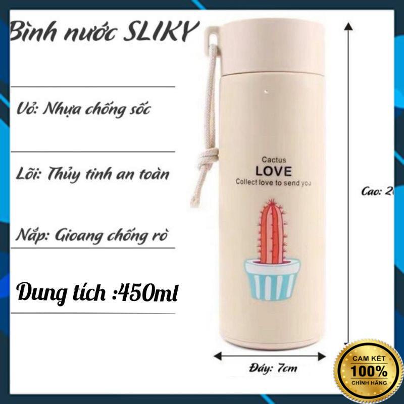 Bình đựng nước lõi thủy tinh họa tiết xương rồng dễ thương dung tích 450ml, Bình đựng nước thủy tinh cho học sinh