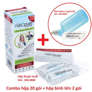 COMBO BỘ RỬA MŨI XOANG CAO CẤP NASOPURE - HỘP 20 MUỐI + BÌNH LỚN 2 MUỐI