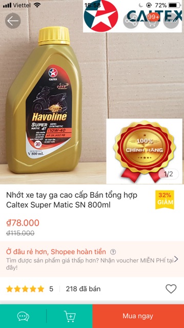 Nhớt xe tay ga cao cấp Bán tổng hợp Caltex Super Matic SN 800ml