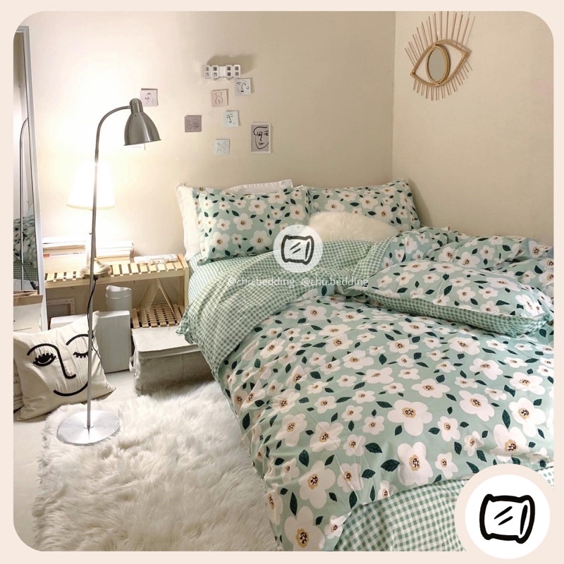 Bộ chăn ga gối poly cotton: hoa nhí xanh lá🌿
