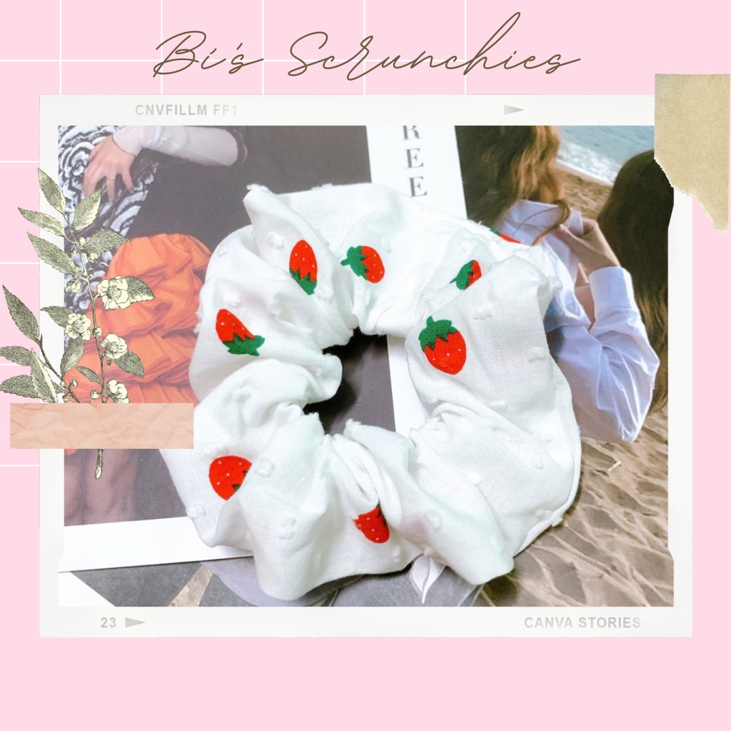 [Handmade] Scrunchies buộc tóc vải xô cao cấp họa tiết Quả dâu đỏ