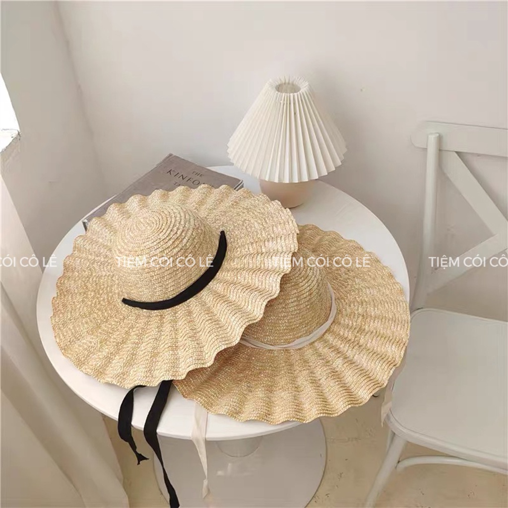 Nón cói vành lượn sóng, mũ cói đi biển vành rộng 13cm quai vải cao cấp - Tiệm Cói Cô Lê