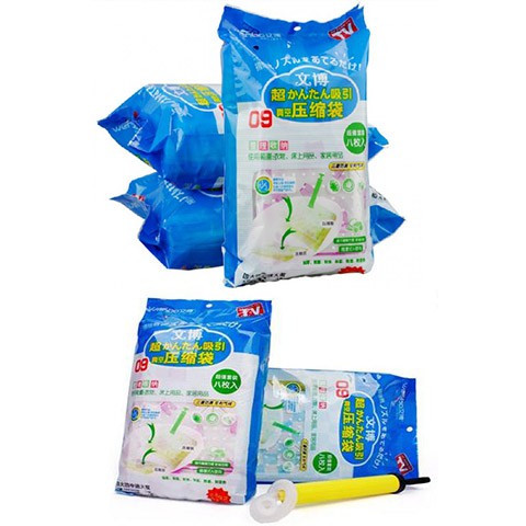 Bộ 8 Túi Hút Chân Không Cất Chăn Màn Quần Áo Tiện Lợi Kèm Bơm Tay