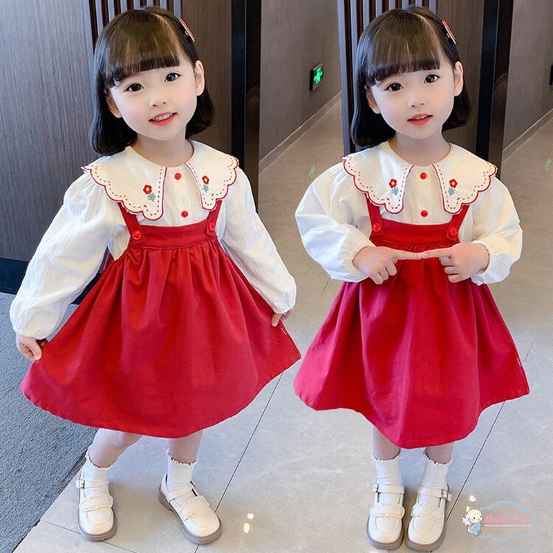 Đầm Yếm Thêu Hoa Thân Thiện Với Da Thoáng Khí Thời Trang Xuân Thu Cho Bé Gái