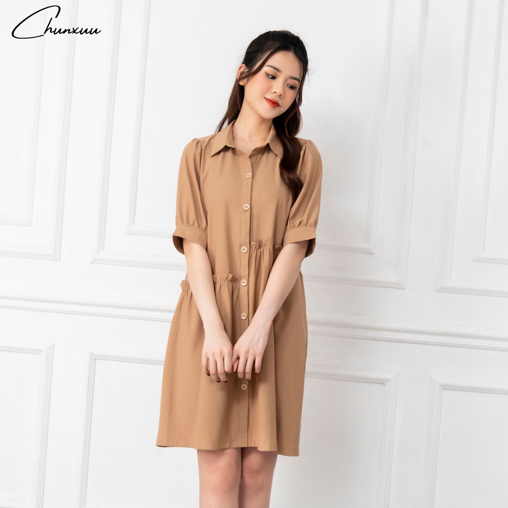 Váy babydoll cổ sơ mi dáng suông ngắn tay công sở thanh lịch ChunXuu V02