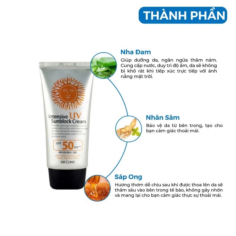 Kem chống nắng cấp nước bảo vệ da dịu nhẹ 3W Clinic Intensive UV Sunblock Cream SPF 50 PA+++ 70 ml
