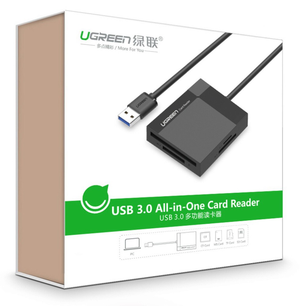 HOT- Đầu đọc thẻ USB 3.0 hỗ trợ thẻ TF/SD/CF/MS dài 0.5-1.5m UGREEN CR125