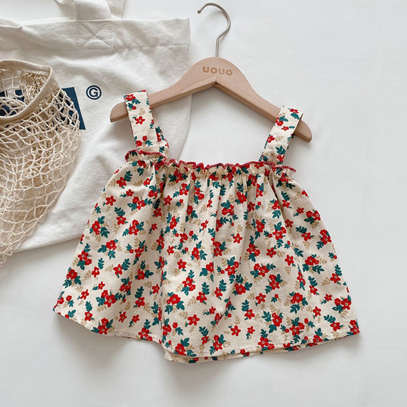 Bộ Áo Hai Dây In Hoa + Quần Short Phong Cách Hàn Quốc Thời Trang Mùa Hè Cho Bé Gái