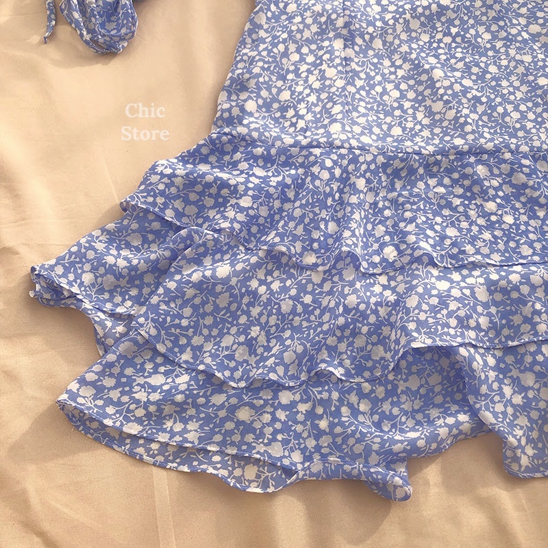 Đầm hoa nhí xanh dương khoét vai, Váy cổ yếm Cao Cấp hàng loại 1 tay dài hở vai xếp tầng, công sở dự tiệc - MiNhi