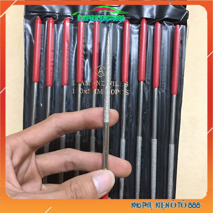 Bộ 10 đầu mài kim cương dũa kim loại 180x5mm mũi tam giác, dẹt, lòng mo, tròn