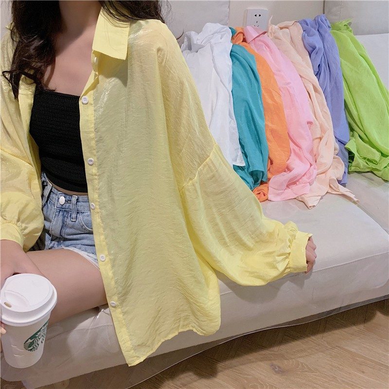 【Tại Chỗ】Áo Khoác Mỏng Kem Chống Nắng Áo Khoác Cardigan Áo Sơ Mi Mỏng, Nhẹ, Thoáng Khí Điều Hòa Không Khí Đèn Lồng Lỏng Lẻo Thoáng Mát Phiên Bản Hàn Quốc Của Lỏng Lẻo Mỏng Dài Tay Dài Chống Nắng, Áo Sơ Mi Thời Trang Hoang Dã Áo Sơ Mi Mỏng