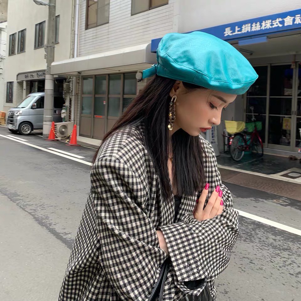 Mũ nồi da PU phong cách thời trang thu đông phong cách nghệ sĩ phương Tây Nhật Bản có thể điều chỉnh