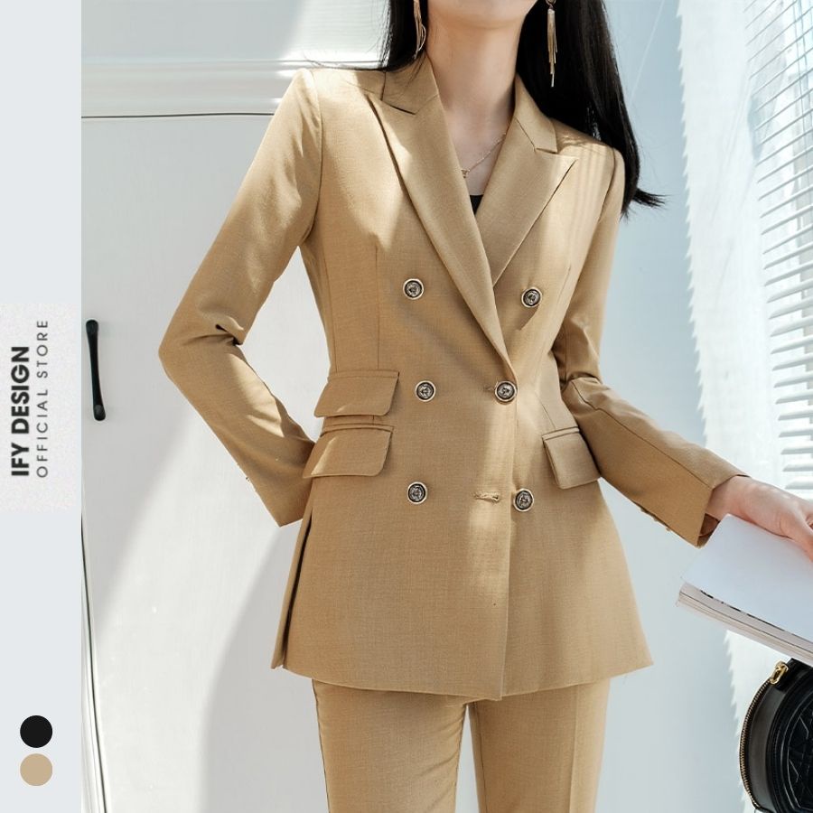 Áo vest nữ màu đen, be dáng suông tay dài 3 nắp túi trước sang trọng IFY Design FS275A