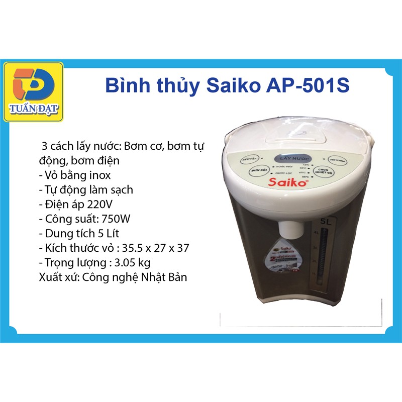 [Mã ELHADEV giảm 4% đơn 300K] Bình Thủy Điện - Phích Điện Saiko AP-501S ( 5Lít) bảo hành 12 tháng