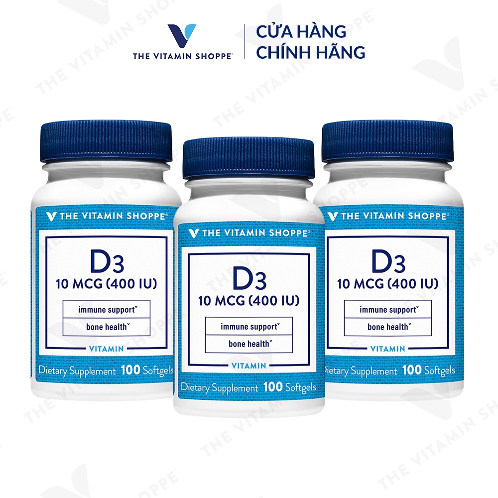 Viên uống bổ sung Vitamin D3, canxi The Vitamin Shoppe D3 10 MCG (400 IU) 100 viên chắc khỏe xương