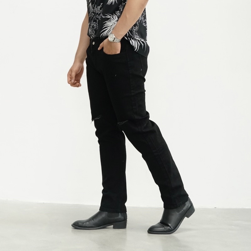 Quần bò skinny nam đen rách gối bigsize chất jean cao cấp co dãn 4 chiều cực đẹp có size dành cho người béo đến 110kg