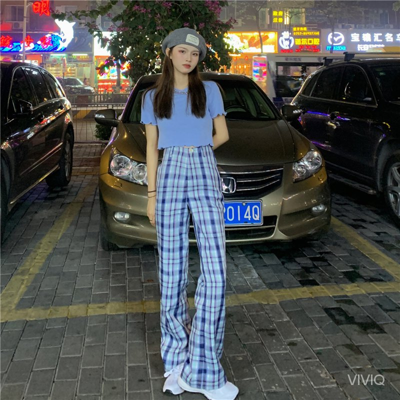 [Spot]   Plaid Straight Wide-Leg Pants Casual Pants for Women Summer2021New High Waist Loose and Slimming Mopping All-Matching Trousers