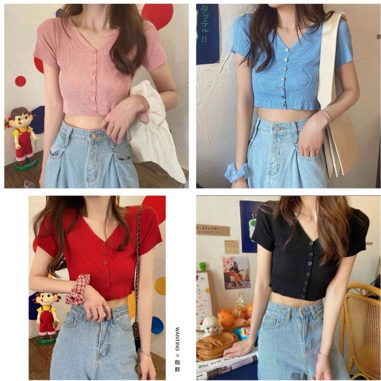 Áo len motoghi khuy giữa croptop hàng QC
