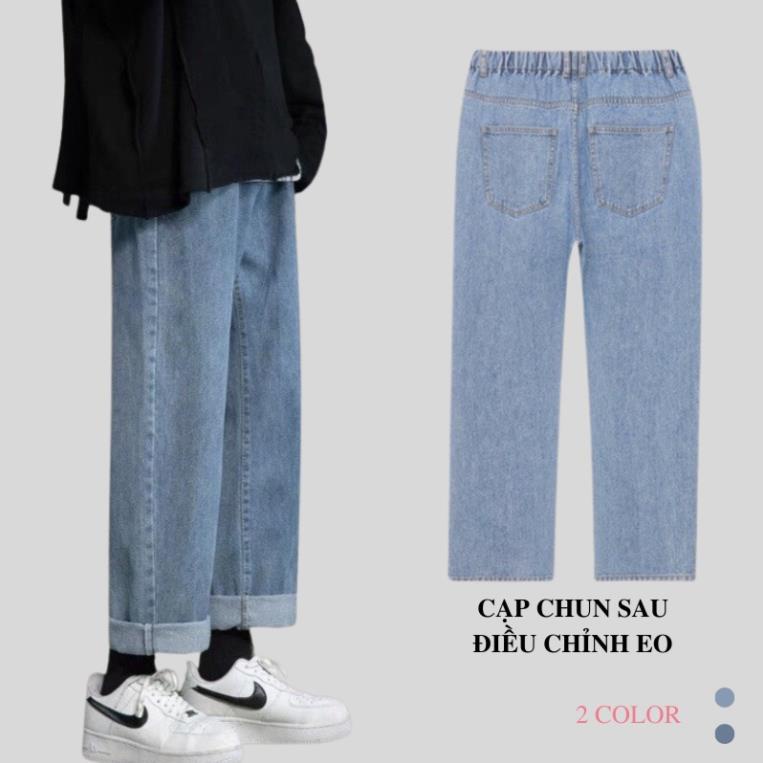 Quần jean nam baggy Cạp Chun Nửa Cạp, Quần Bò Nam Ống Suông Rộng, Điều Chỉnh Eo Linh Hoạt, Chất Bò Cao Cấp Đẹp
