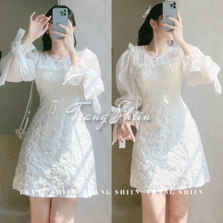 Đầm gấm tay voan pli ngực