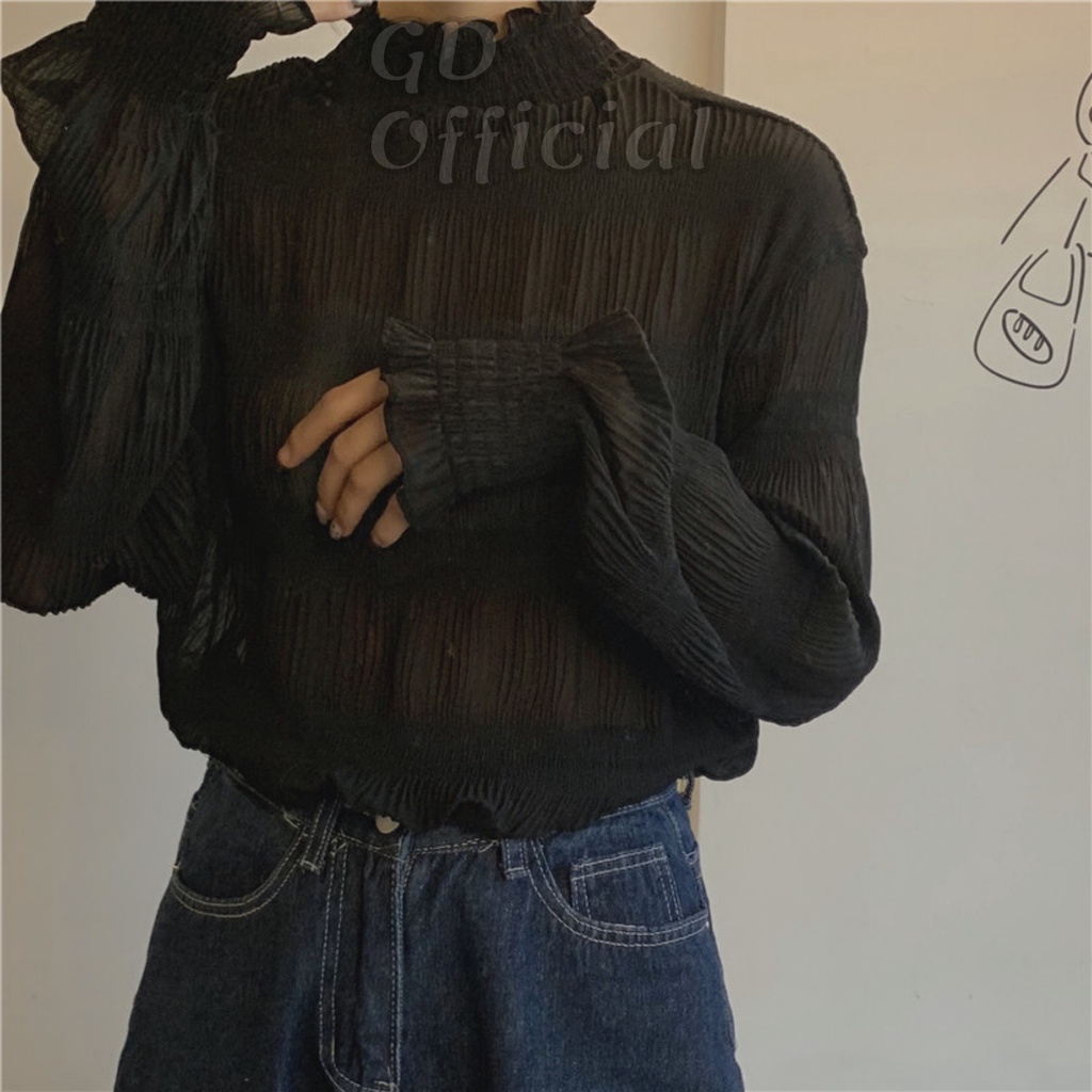 AT1|Áo sơ mi voan cổ cao lọ đứng mặc bên trong áo len tay bèo phồng thun dài ren trắng đen nâu GD Official | BigBuy360 - bigbuy360.vn