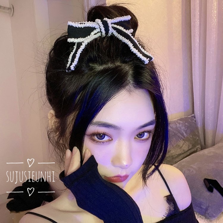 (Loại to) Kẹp tóc nơ nhung màu đen viền ngọc nữ tính, ngọt ngào
