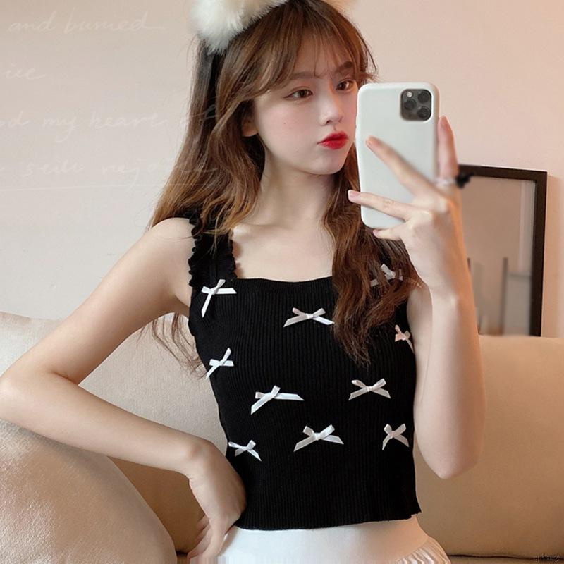 Áo Croptop Dệt Kim Hai Dây Đính Nơ Phong Cách Retro Hàn Quốc Dễ Thương