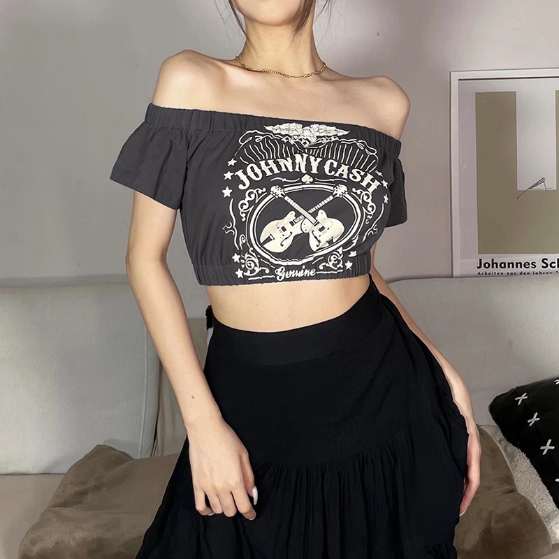 Áo Thun Nữ Ngắn Tay Lệch Vai In Chữ Thời Trang