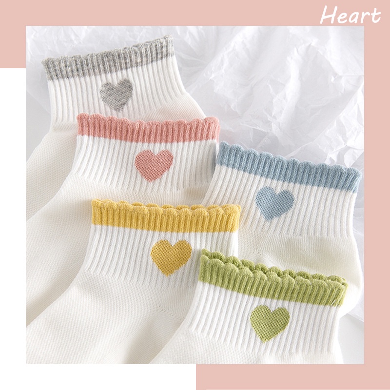 Vớ tất trắng cổ trung hình trái tim viền màu cổ chân