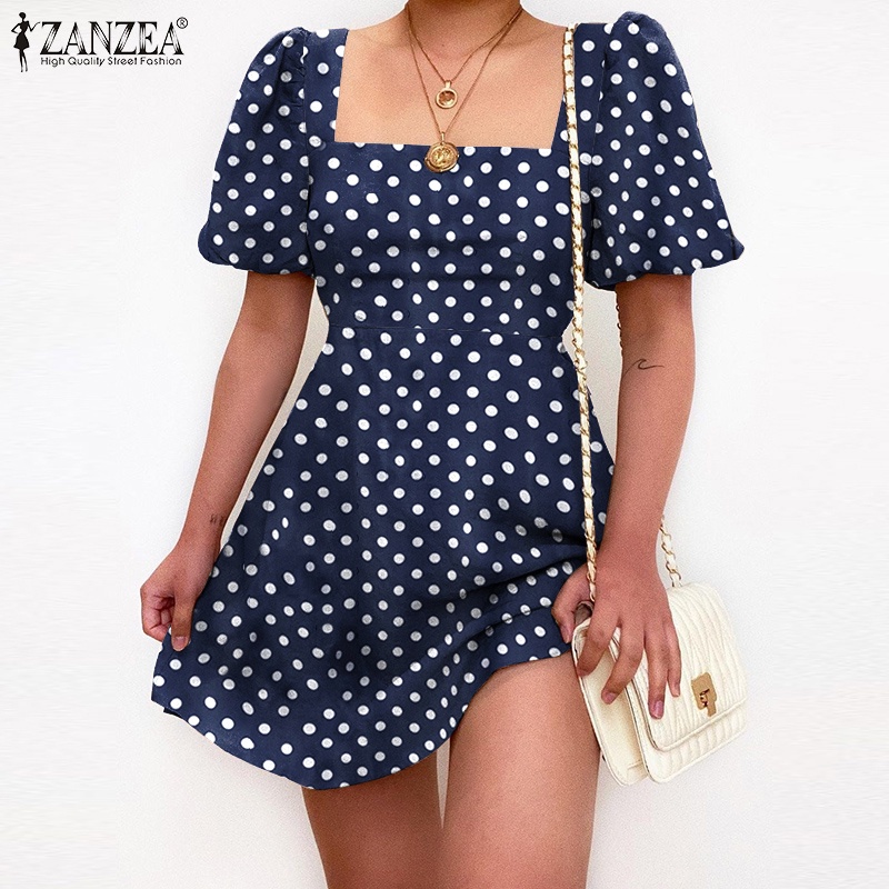 Đầm mini chữ A ZANZEA thiết kế tay ngắn cổ vuông họa tiết chấm bi phong cách Âu thường ngày cho nữ