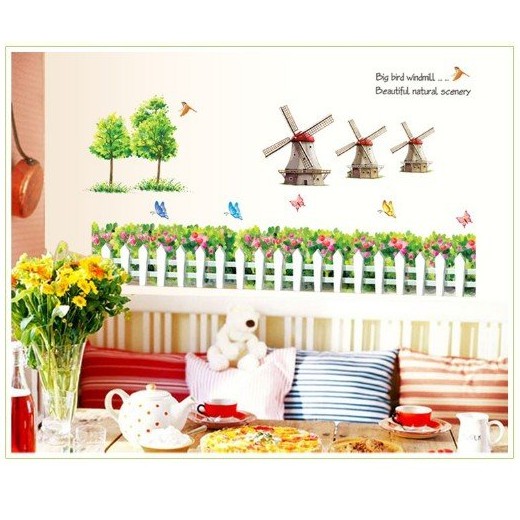 Tranh decal dán tường CỐI XAY GIÓ VÀ HOA cho bé - Decal dán tường️