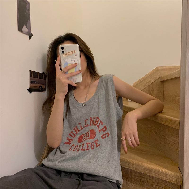 Áo thun SUXI không tay dáng rộng vải cotton in chữ thời trang mùa hè cho nữ