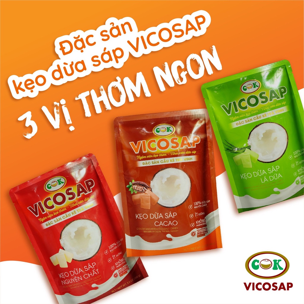 Kẹo dừa sáp nguyên chất, cacao, lá dứa VICOSAP