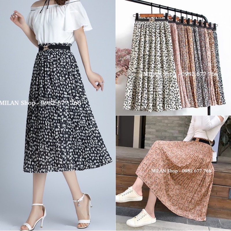 Chân váy voan hoa dập ly kèm đai mẫu mới