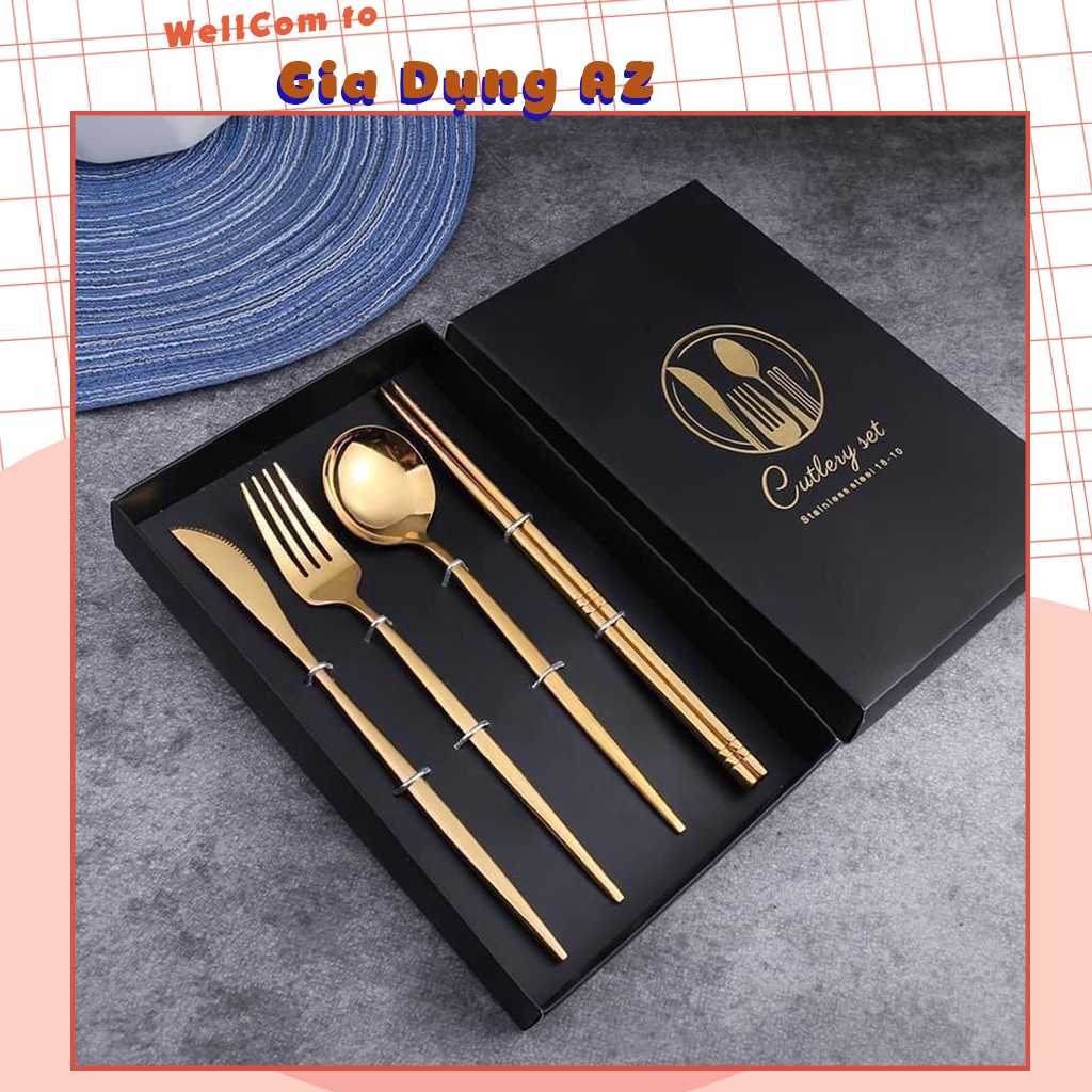 Set 4 món dao dĩa thìa inox dụng cụ ăn cá nhân mạ vàng cao cấp phong cách hoàng gia AZ D2.074.HO